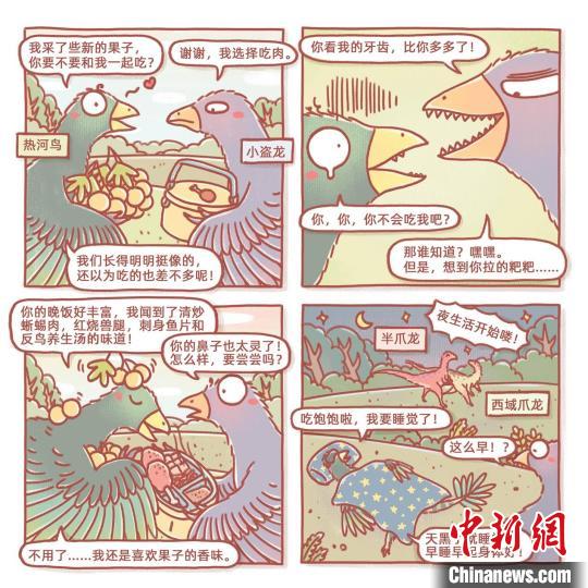 根據(jù)此次熱河鳥研究成果繪制的漫畫(燁子/繪)。　中科院古脊椎所 供圖