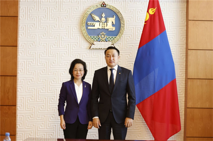 10月31日，中國(guó)駐蒙古國(guó)大使沈敏娟到任拜會(huì)蒙政府辦公廳主任兼蒙古人民黨總書(shū)記阿瑪爾巴伊斯格楞（右）。中國(guó)駐蒙古使館供圖