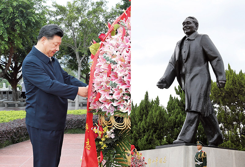2020年10月14日，習(xí)近平總書記向深圳蓮花山公園鄧小平同志銅像敬獻(xiàn)花籃。