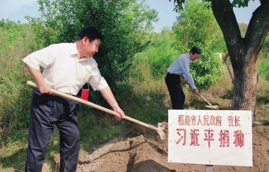 2001年10月，習(xí)近平在龍巖市長(zhǎng)汀縣調(diào)研水土流失治理工作，在河田世紀(jì)生態(tài)園為樹培土。圖源：《習(xí)近平在福建（下）》