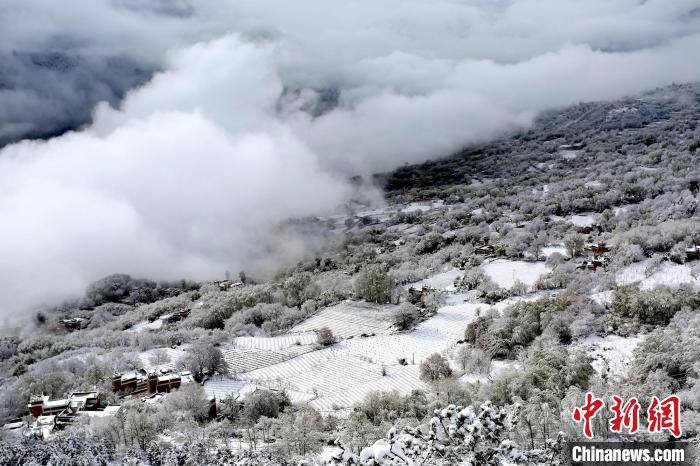 雪后的丹巴半山云霧繚繞?！±钣腊?攝