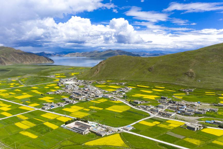 航拍道布龍村，依山傍水，阡陌縱橫。